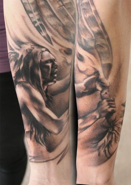 Ryan Mullins - black and gray realistc native american medicine man portrait tattoo, Ryan Mullins Art Junkies Tattoo